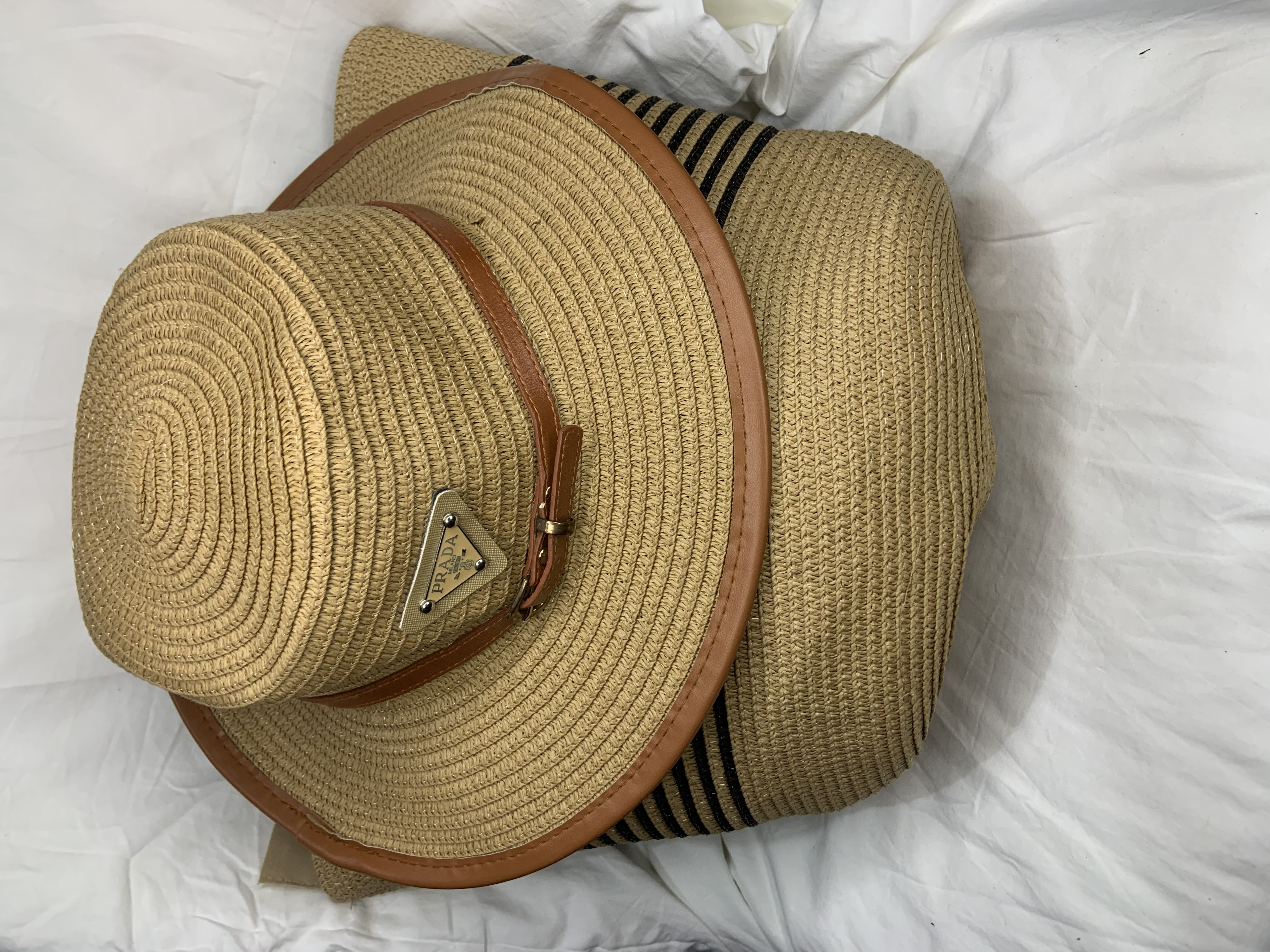Striped Straw Tote Bag with Straw Hat
